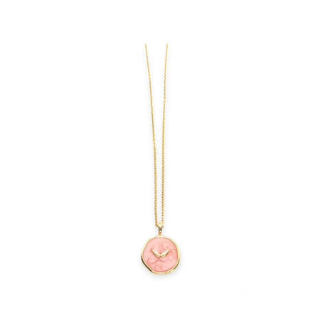 necklace steel gold chain and pink round